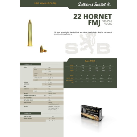 SELLIER BELLOT 22 HORNET FMJ 45GR X20