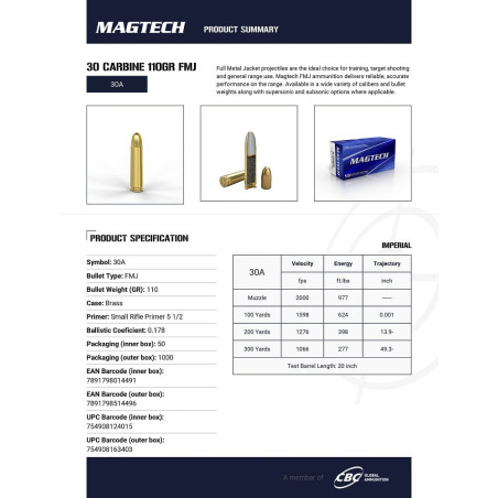 MAGTECH 30 CARBINE FMJ 110GR X50